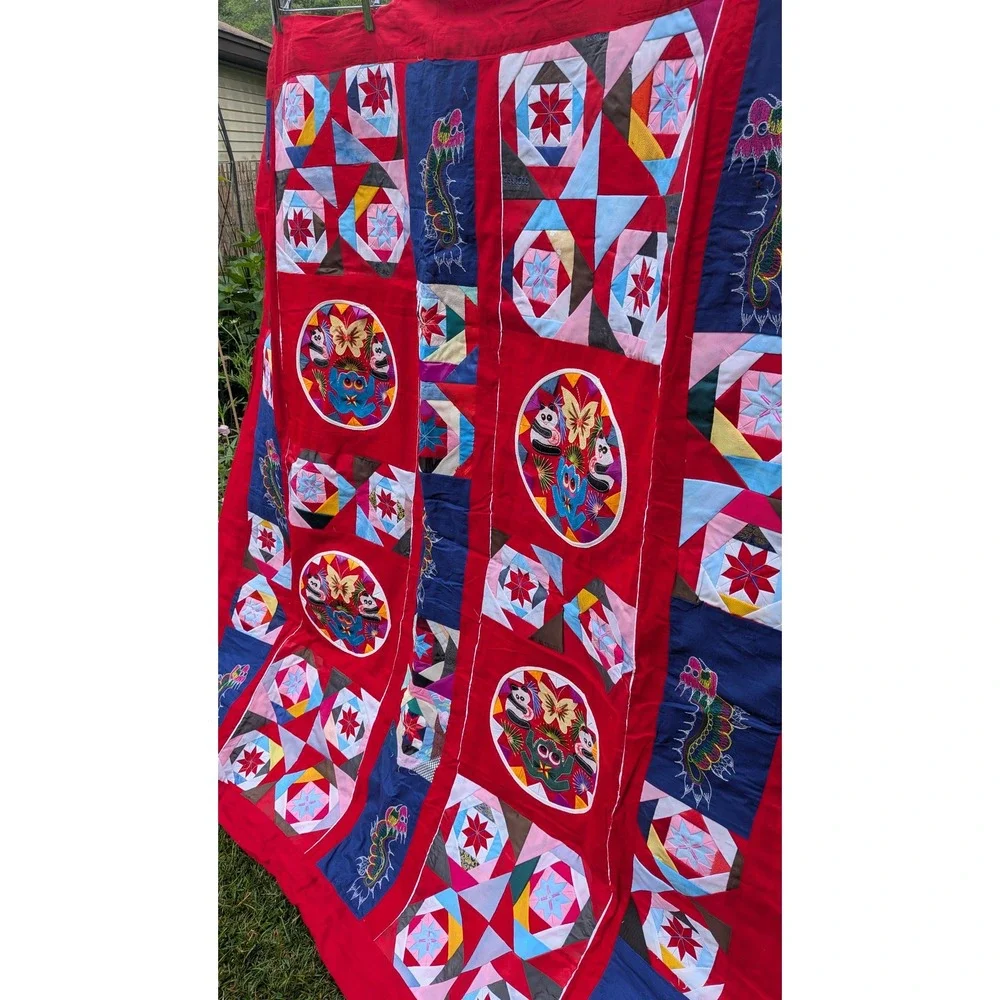 Vintage Chinese Patchwork Quilt Tapestry Red Panda Butterfly Embroidery 54x58